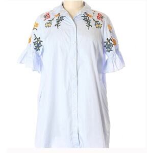 Zara Poplin Shirt Dress with Ruffle Sleeves Floral Embroidery Light Blue Women S